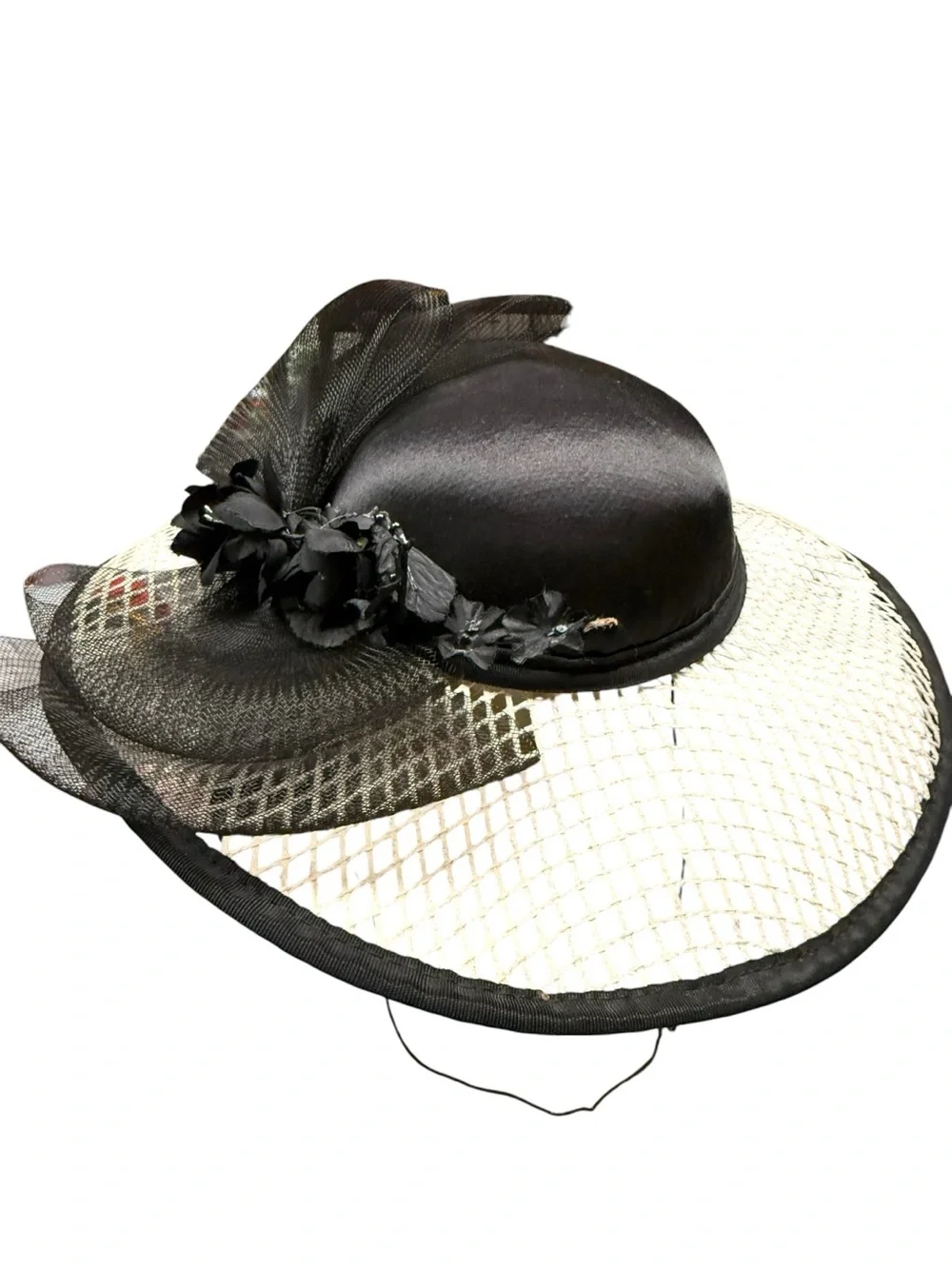 Vintage 1950s Handmade Black Cream Wide-Brim Ladies Hat Floral Accent